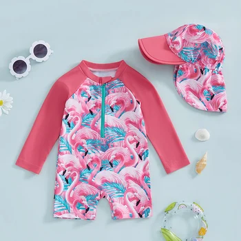 Girls' Floral Flamingo Long-Sleeve Swimsuit Set 3 Tregren Toddler Girl Long Sleeve Swimsuit Floral/Flamingo Print Half Zipper Rash Guard Swimwear with Sun Hat Infant Beachwear 3