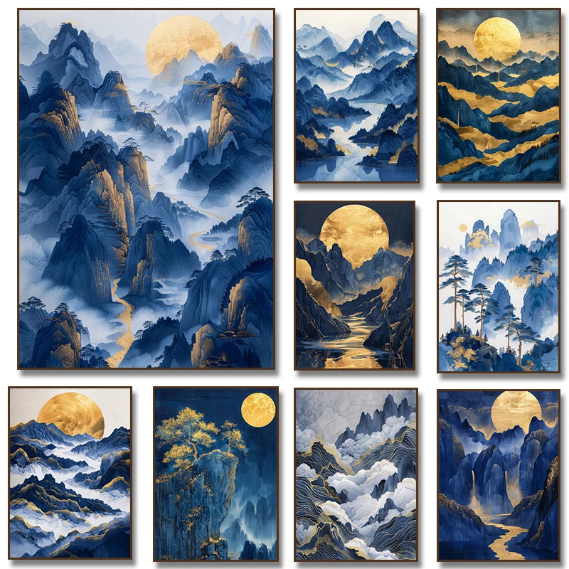 Landscape Blue Mountain Tree Forest Pine Temple River Gold Sun Poster Canvas Painting Print Wall Art for Living Room Home Decor