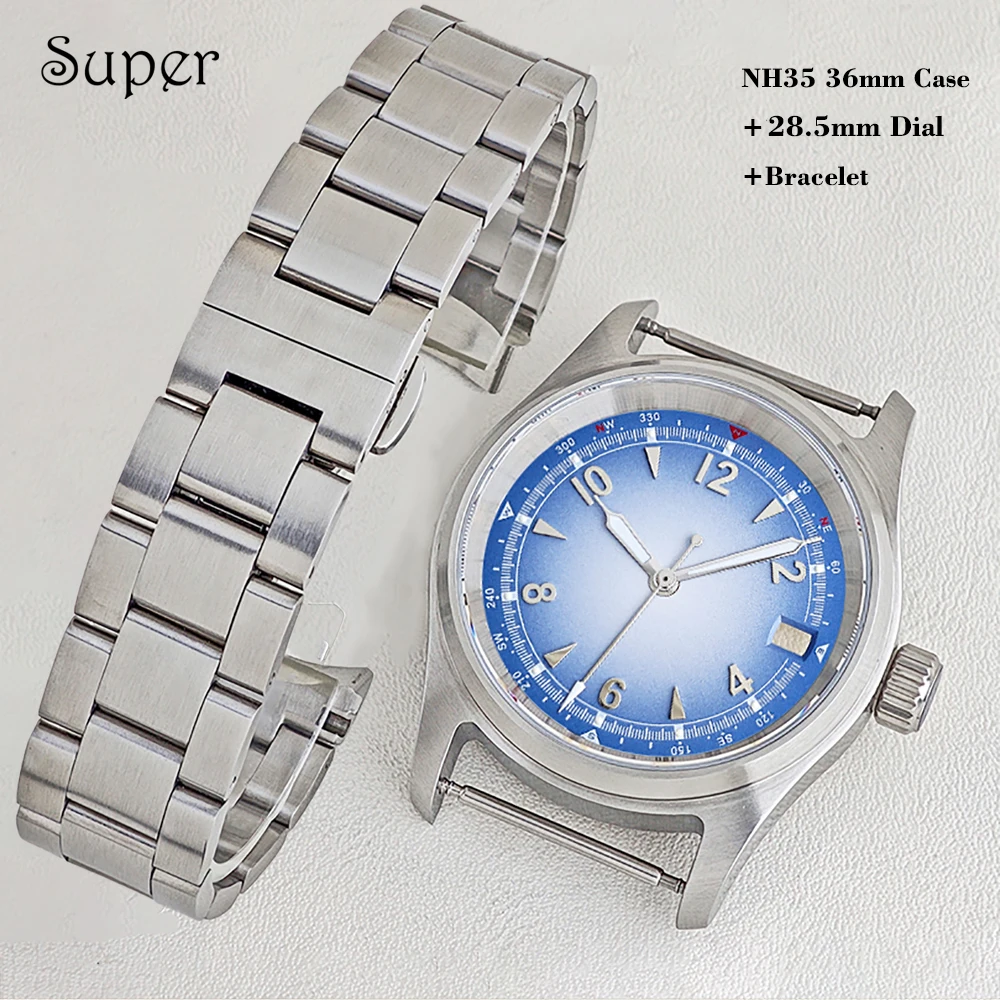 SUPER 36mm NH35 Pilot Watch Case Fit for NH35 NH36 Movement 28.5mm Dial Customizable logo Sapphire Glass Silvery Steel Case set5