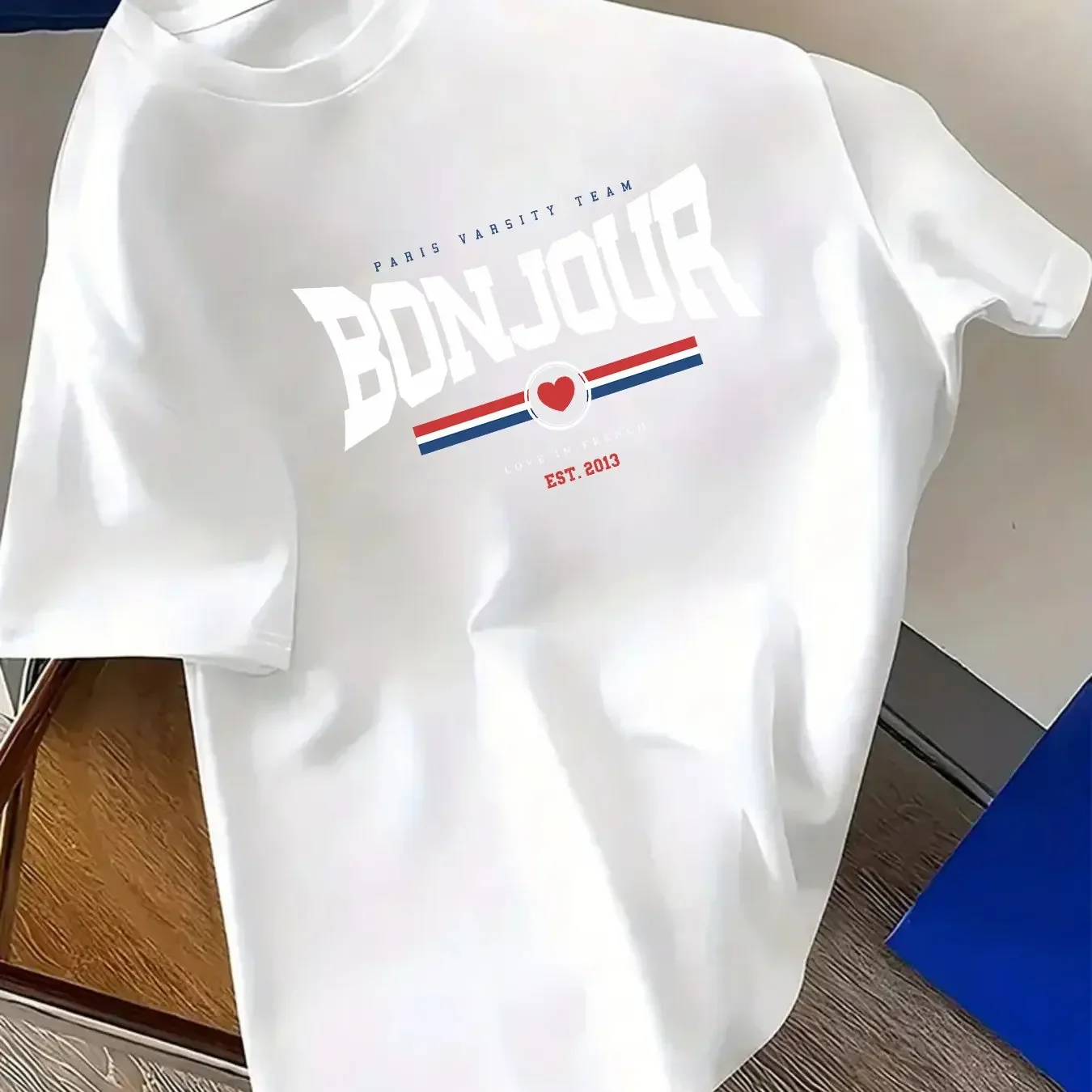 French Retro Varsity Graphic Tee Bonjour Heart Stripe Letter Print Trendy Men Lightweight Cotton Short Sleeve T Shirt