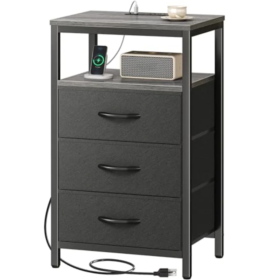 

Nightstand with Charging Station 27.6 Inch End Table Bedside Table with USB Ports and Outlets Fabric Drawers Night Stand for Be