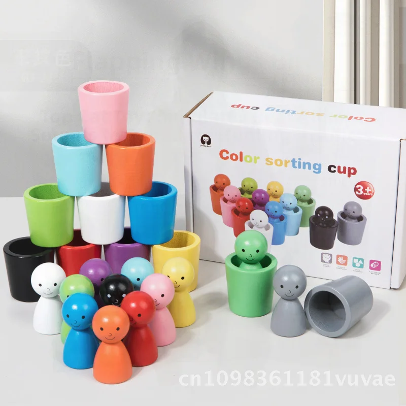 Taza de clasificación Montessori de Color para hombre pequeño, juguete apilable con música para entrenamiento de coordinación mano-ojo para niños, educativo de madera