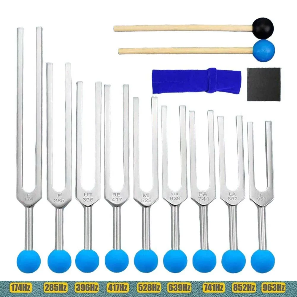 

9 камертонов для терапии чакр и для заживления. Полный набор, предназначенный для медитации с конкретными частотами.