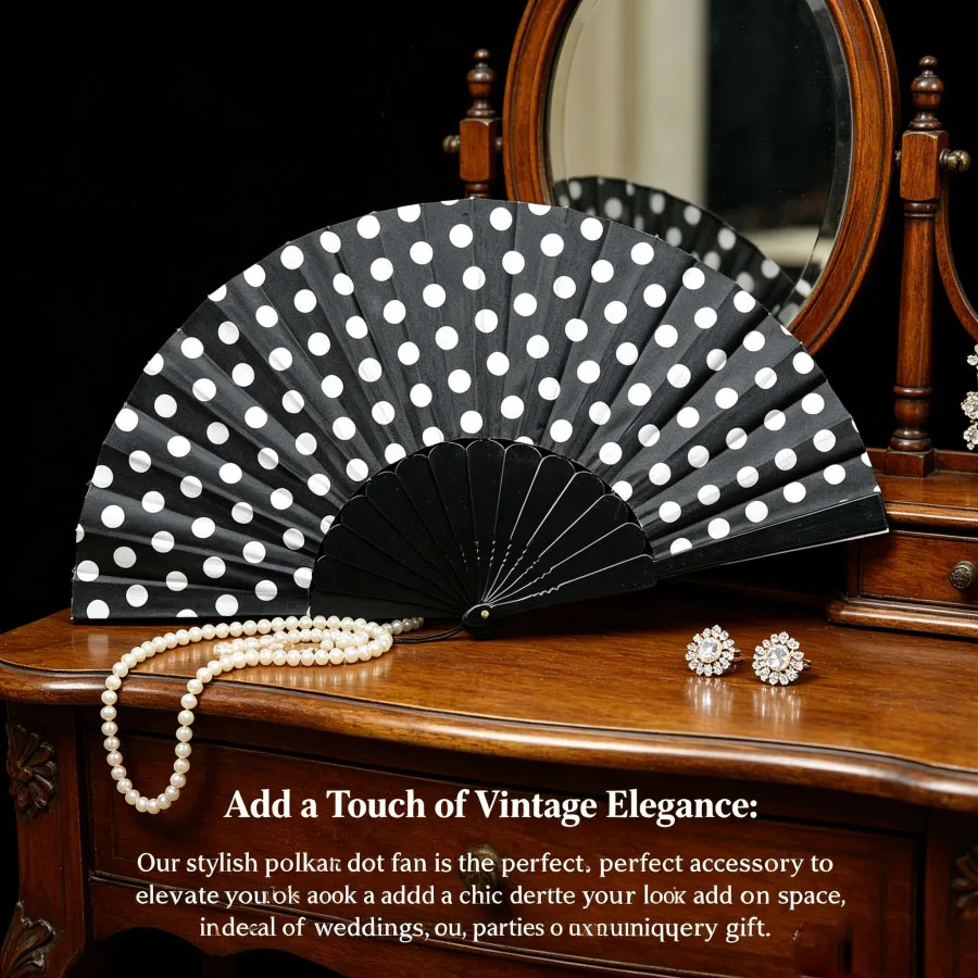 Éventail pliant portable à motif pois, cadeau pour invités de mariage et d'anniversaire, éventail vintage pour la danse, décoration d'éventail à main