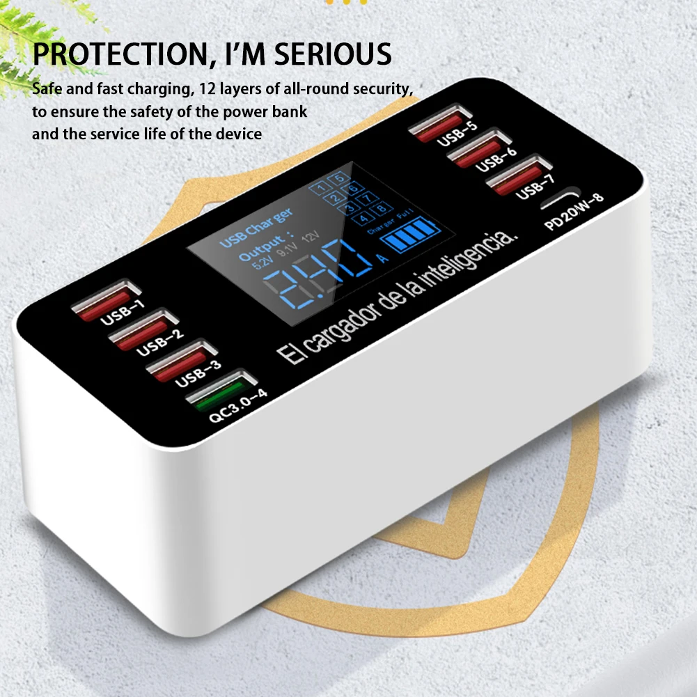 Cargador de teléfono USB QC3.0 de carga rápida de 60W, adaptador de carga rápida de 8 puertos tipo C 20W PD, estación de carga con pantalla LED para iPhone