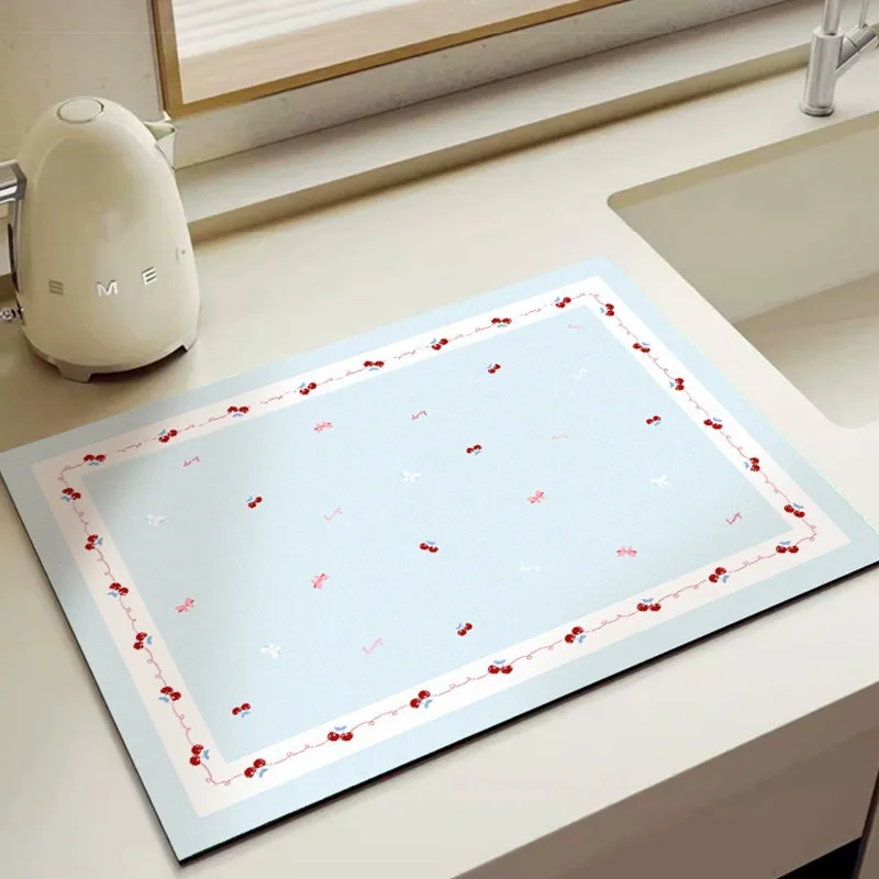 Blue Gingham Cherry Printed Kitchen Sink Mat Non Slip Absorb