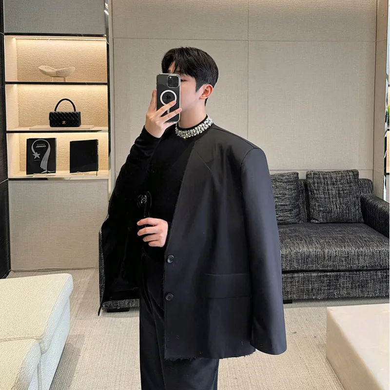 2024 Spring Autumn Versatile Blazers Shoulder Padded Collarless Long Sleeve Suit Jacket Men's Trend Handsome Rough Suit Jackets