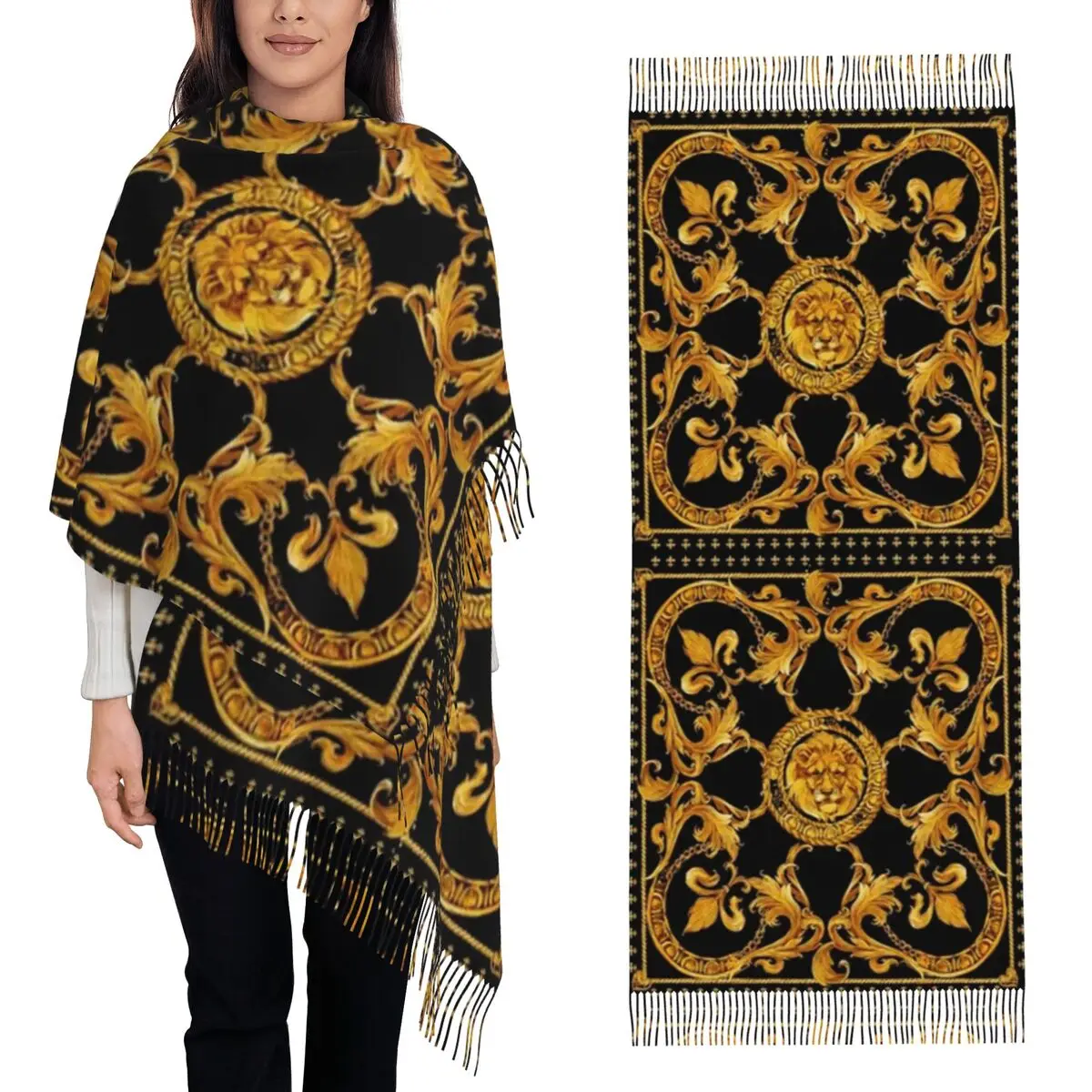 

Golden Lion Luxury Design European Baroque Scarf Tassel Scarves for Women Soft Warm Shawls and Wraps Long Fall Winter Shawl Wrap