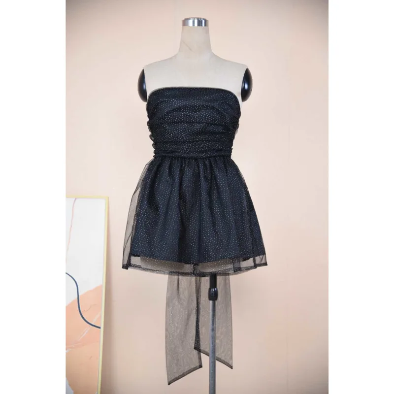 

Sexy Mesh Double Layer Sleeveless Mini Dress Elegant Strapless Pleated Sequin Zipper Dress Summer Fashion Women's Evening Gown
