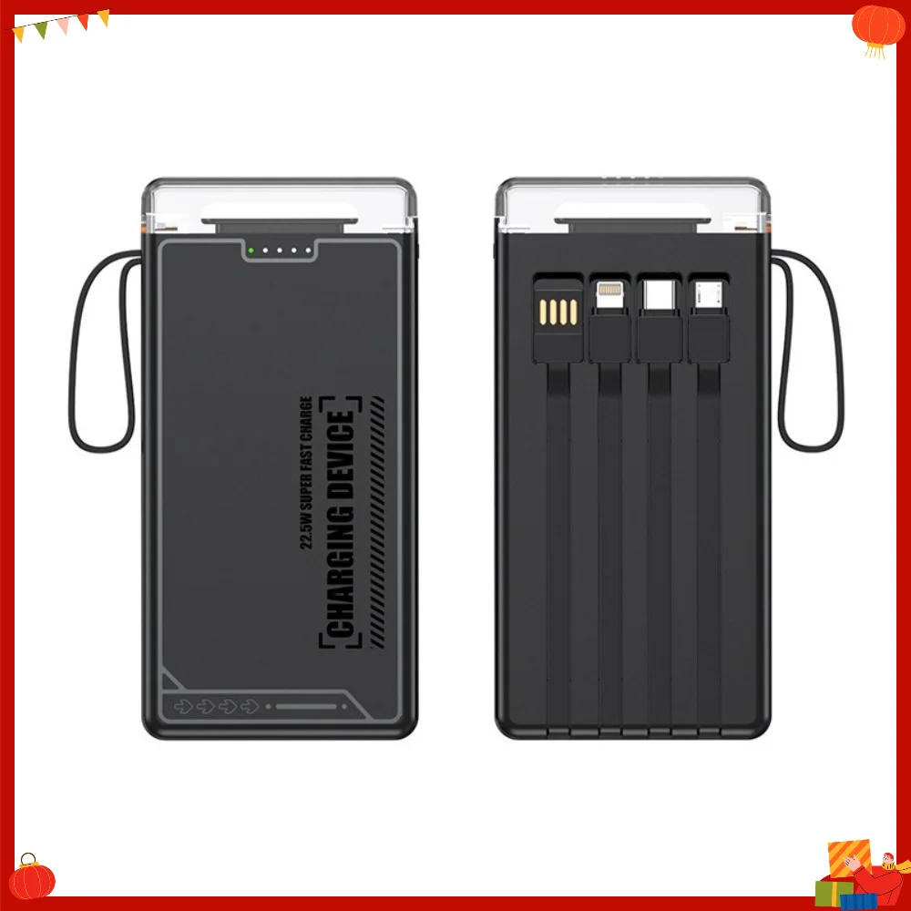 Transparent LED Light 20000mAh Large Capacity Power Bank 4 Built-in Cables Polymer Lithium-ion Battery For iPhone Samsung Huawei