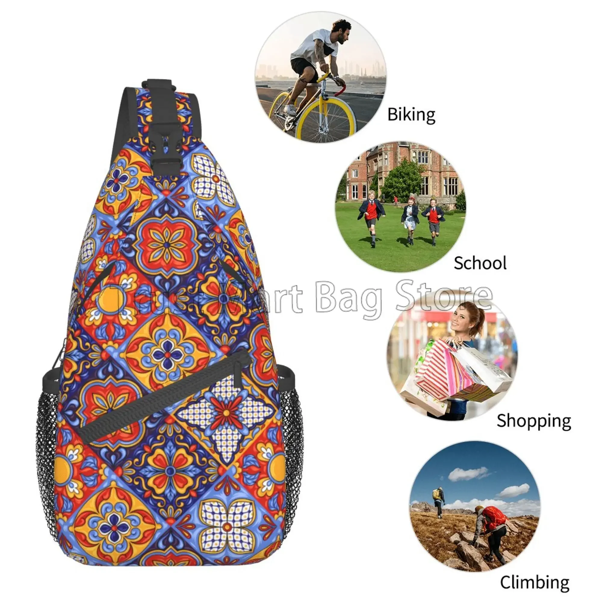 Mexican Talavera Travel Hiking Sling Bag Sling Backpack for Women Adjustable Crossbody Purse Chest Shoulder Bag Casual Daypack