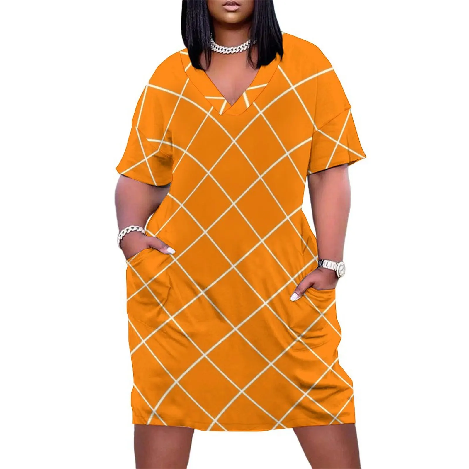 

sloping grid, white and saturated orange Loose Pocket Dress long sleeve dress long dress women Summer dresses for women