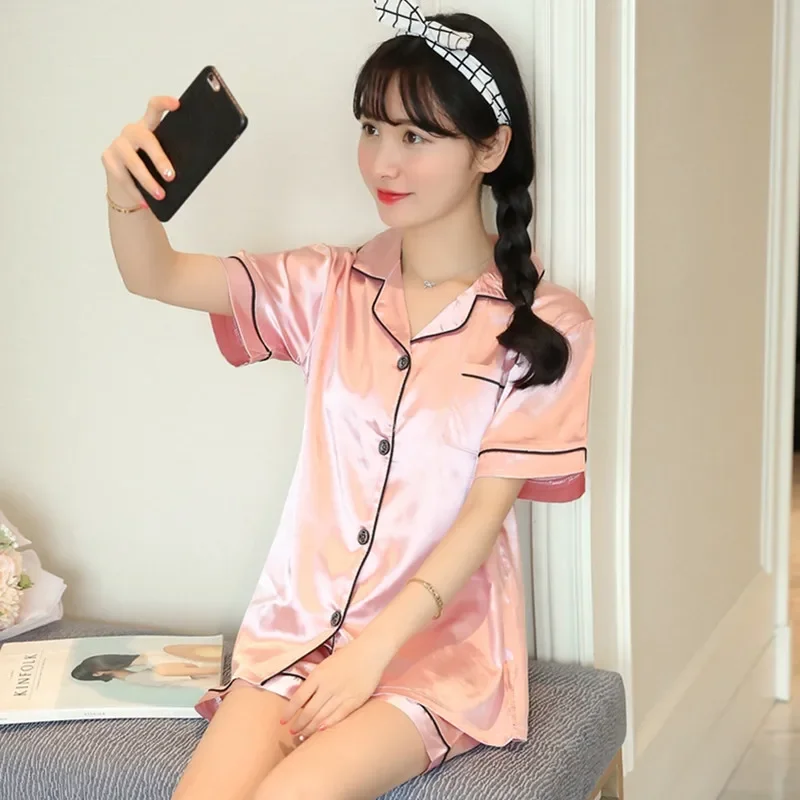 ขนาดใหญ่ขนาดชุดนอนผ้าไหมเทียมเซ็กซี่ผู้หญิงฤดูร้อนชุดนอนชุดสันทนาการแขนสั้นสวมใส่ชุด Loungewear