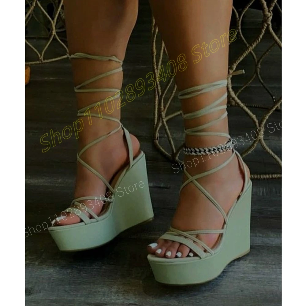 

Green Strappy Cross Tied Hollow Sandals Wedges High Heel Thick Soled Fashion Sexy Women Shoes 2024 Summer Zapatos Para Mujere