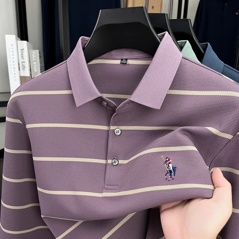 

Designer fashion stripe long sleeve polo shirt luxury brand pony embroidery men's high-end autumn new trend comfort Paul T-shirt