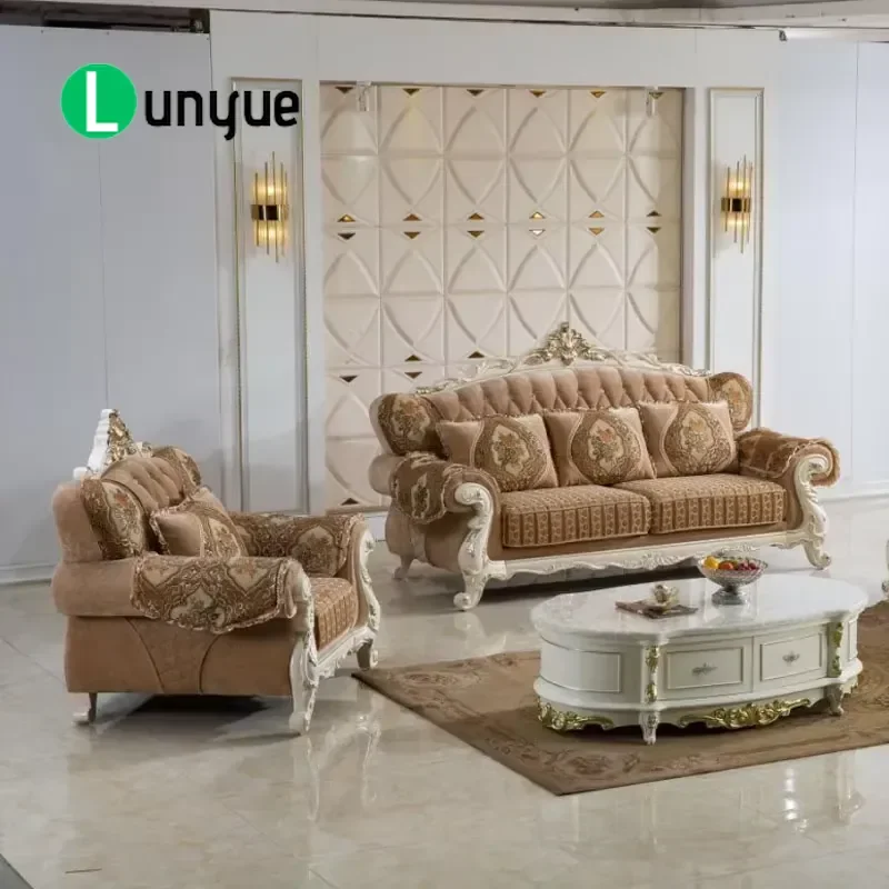 High Quality Classic European Home Fabric Wooden Large Soft Armrest Luxury Living Room Furniture Set Sofa