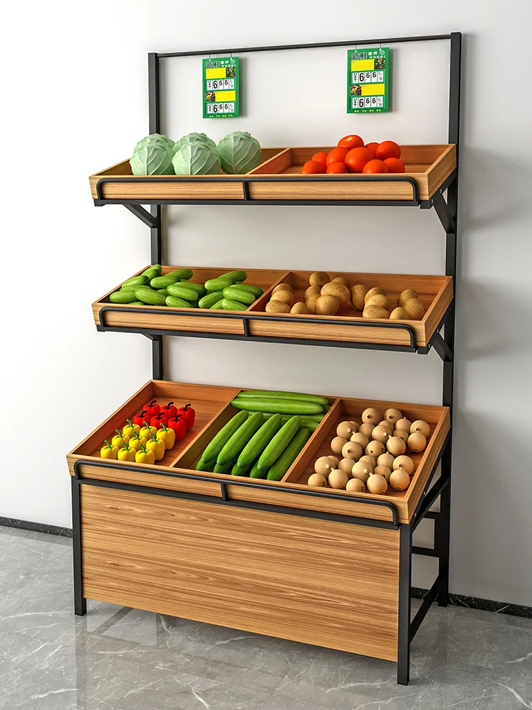 Fruit Shelf Display Rack, Vegetable Rack, Fruit Shop Display Frame, Steel and Wood Fruit and Vegetable Shelf, Commercial