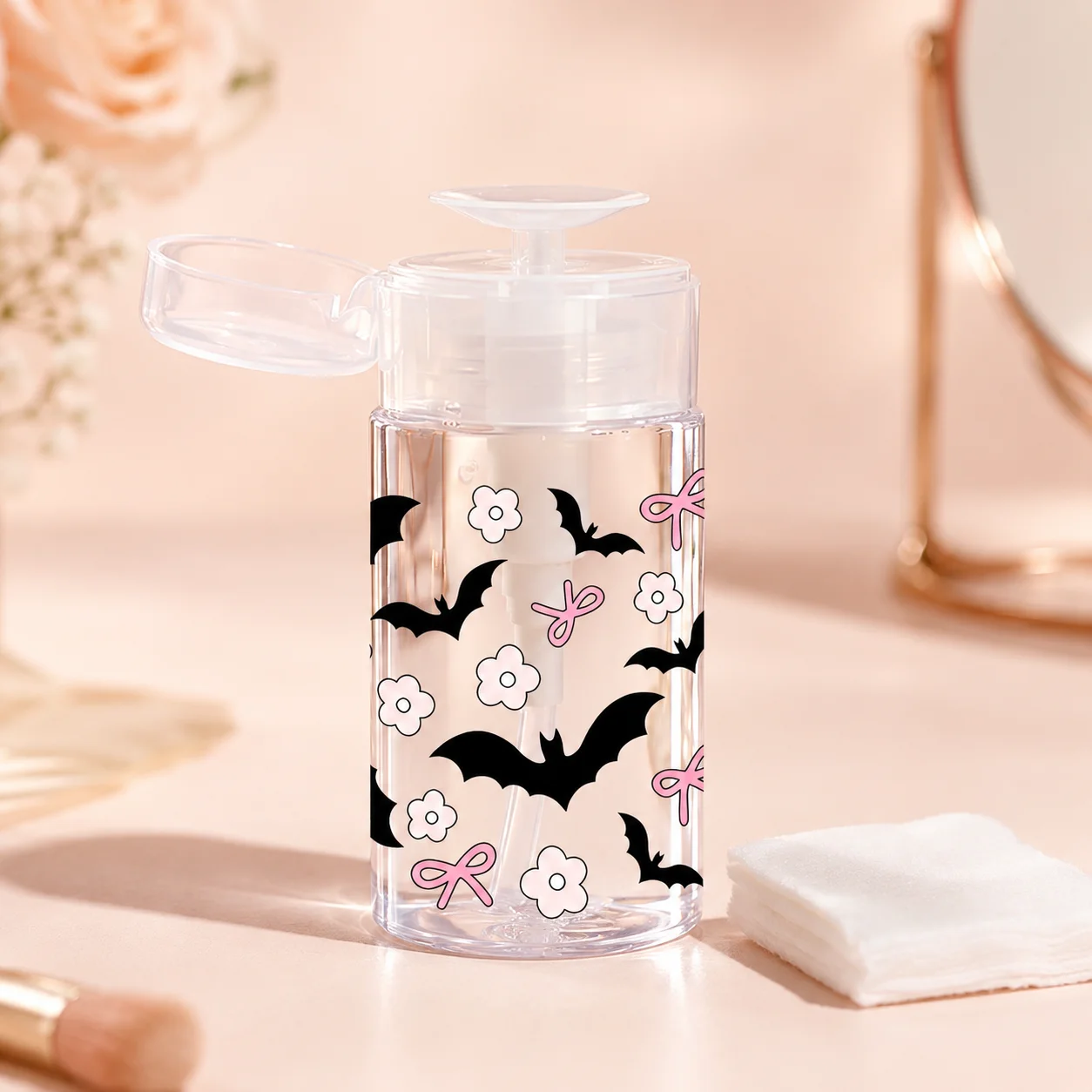 Press Top Dispenser Bottle Cute Bat Floral Refillable Pump Bottle for Makeup Remover Toner Cotton Pads Travel Beauty Organizer