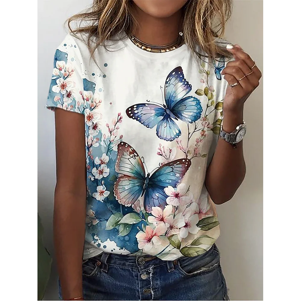 Summer Round Neck 3d Print Butterfly T-Shirt Women\'s Tees Fashion Short Sleeve Tops Fashion Y2k Streetwear Oversized Clothes