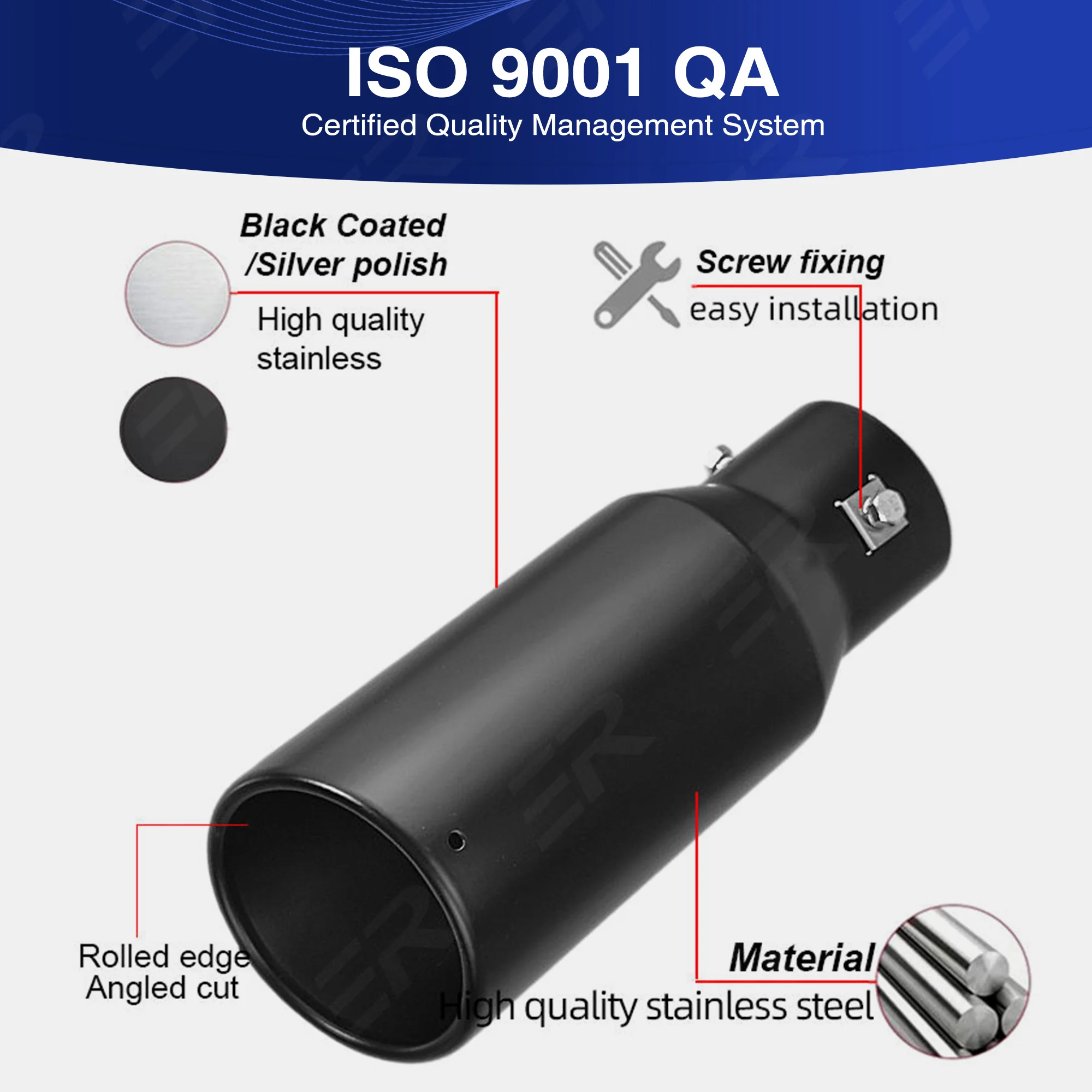 2.5’ Inlet Exhaust Tip Black Powder Coated Bolted Silver Exhaust Tailpipe Tip Truck Muffler System Decorate