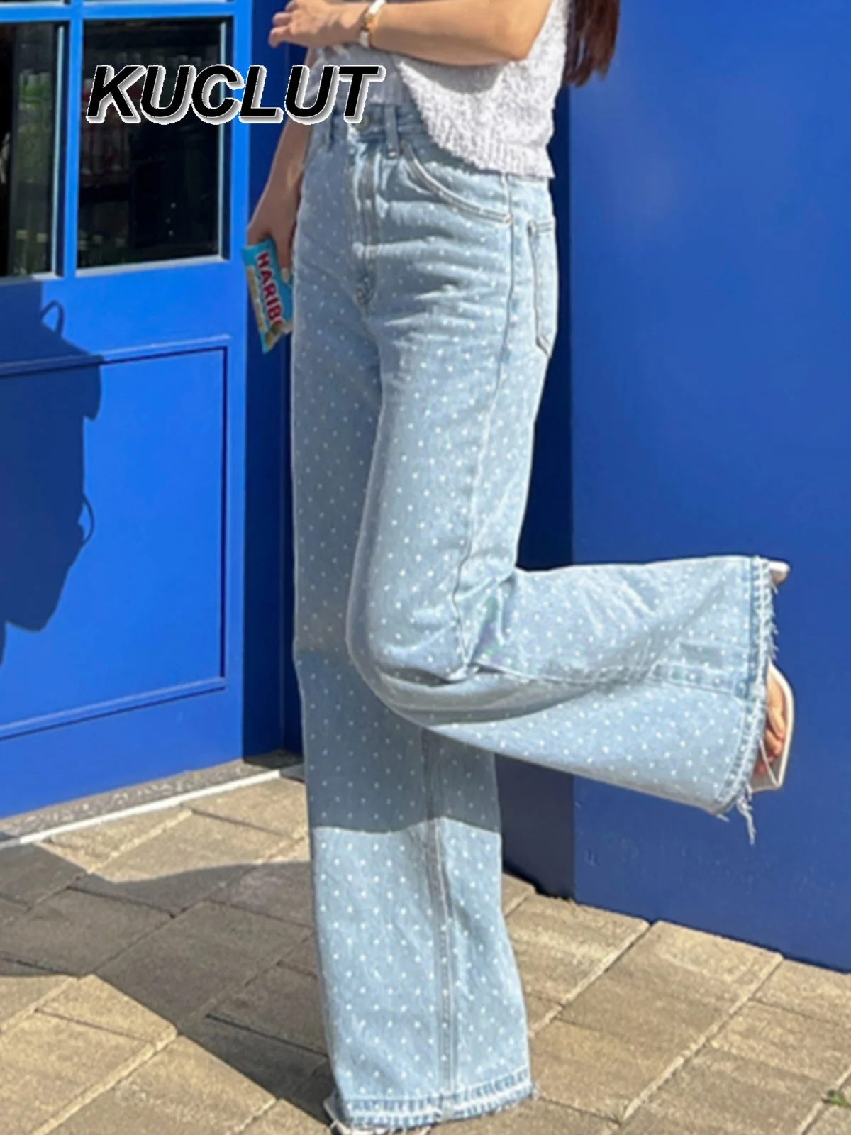 Koreanischen Stil Spribng Herbst Damen Denim Hosen Retro Vielseitig Hohe Taille Dünne Kontrast Polka Dot Breite Bein Jeans für Frauen