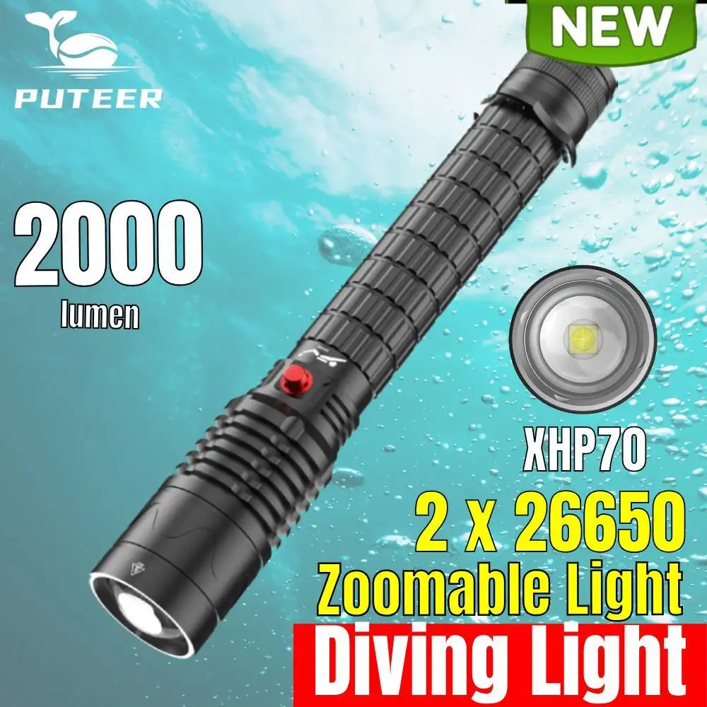 Puteer Zoomable Flashlight for Diving Torchlight Focusable Waterproof Flashlight Rotating Zoom Flashlight Zoom in & Out