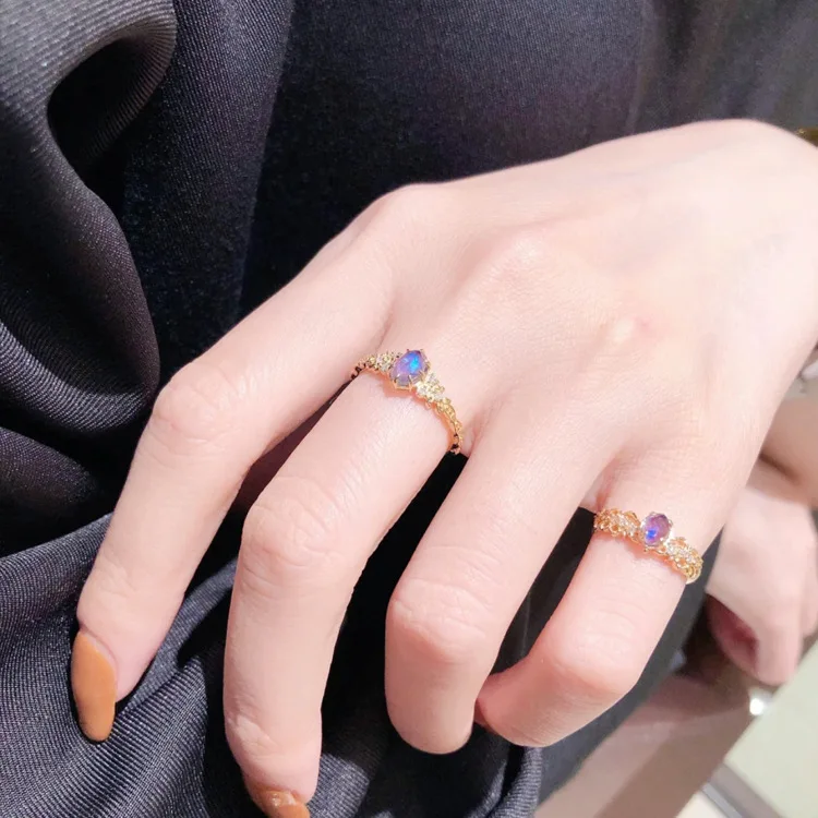 S925 Silver Hollow Olive Leaf Ring, Natural Iolite Gemstone Ring for Women