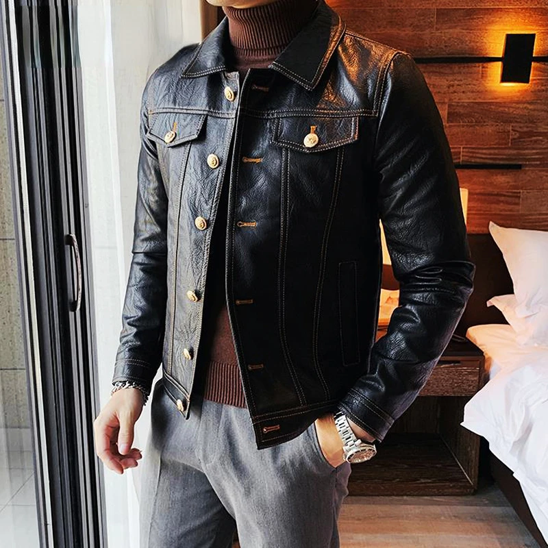 

High Quality Autumn Winter Business Korean Clothes Slim Fit Single Breasted Motorcycle Pu Leather Jacket for Men Clothing 2022