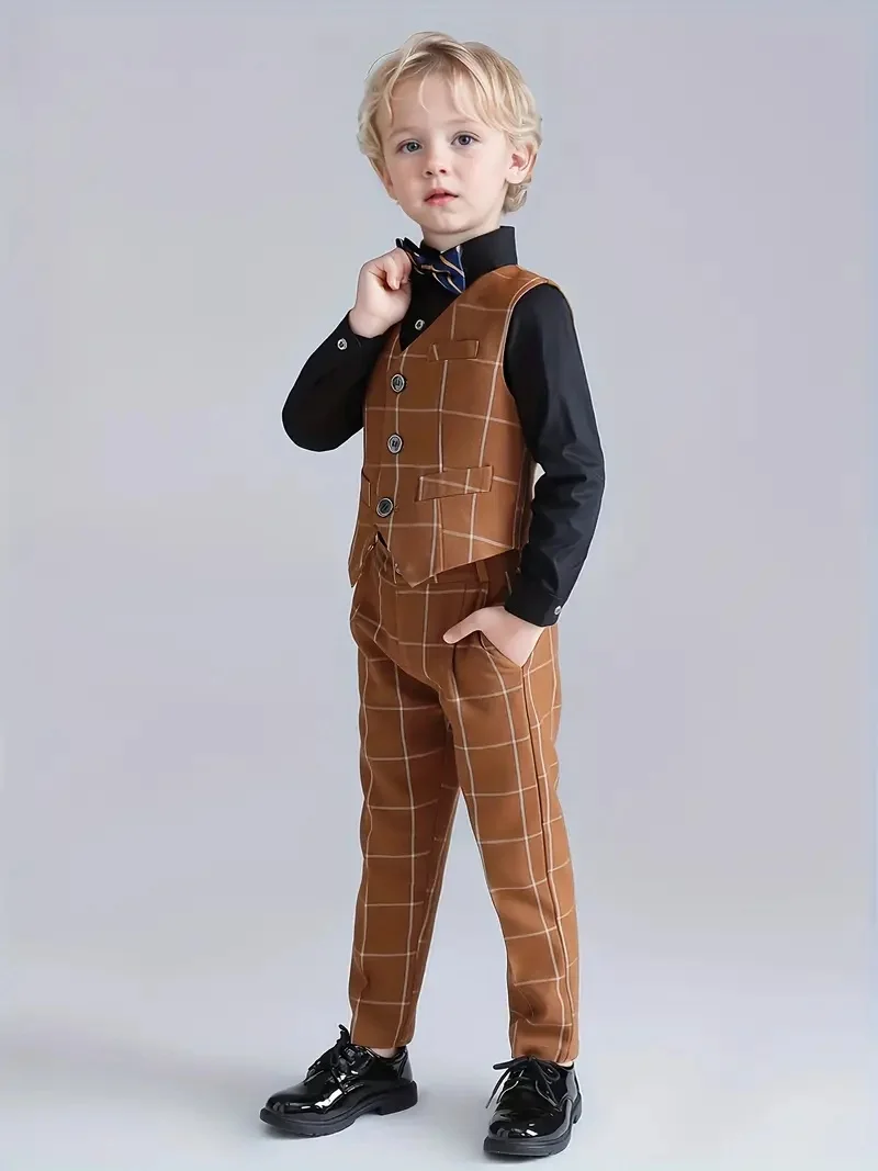Boys' 3Pieces Plaid Vest Suit Set With Pants Bowtie Kids British Style Formal Wear for Birthday Piano Host Chorus Performances