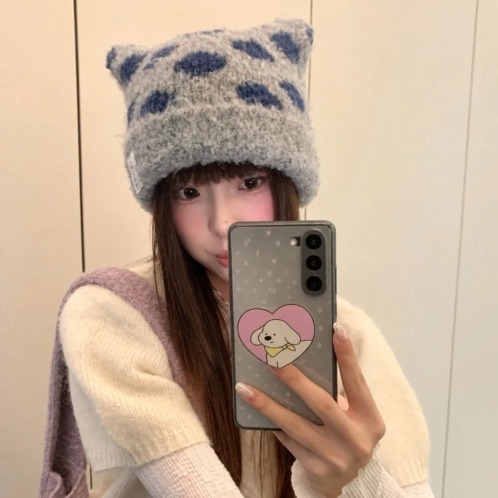 Polyester Knitted Beanie Hat 56cm-58cm Circumference Adjustable Size Spot Beanie Ear Hat Face Slimming Thick Warm Winter Hat