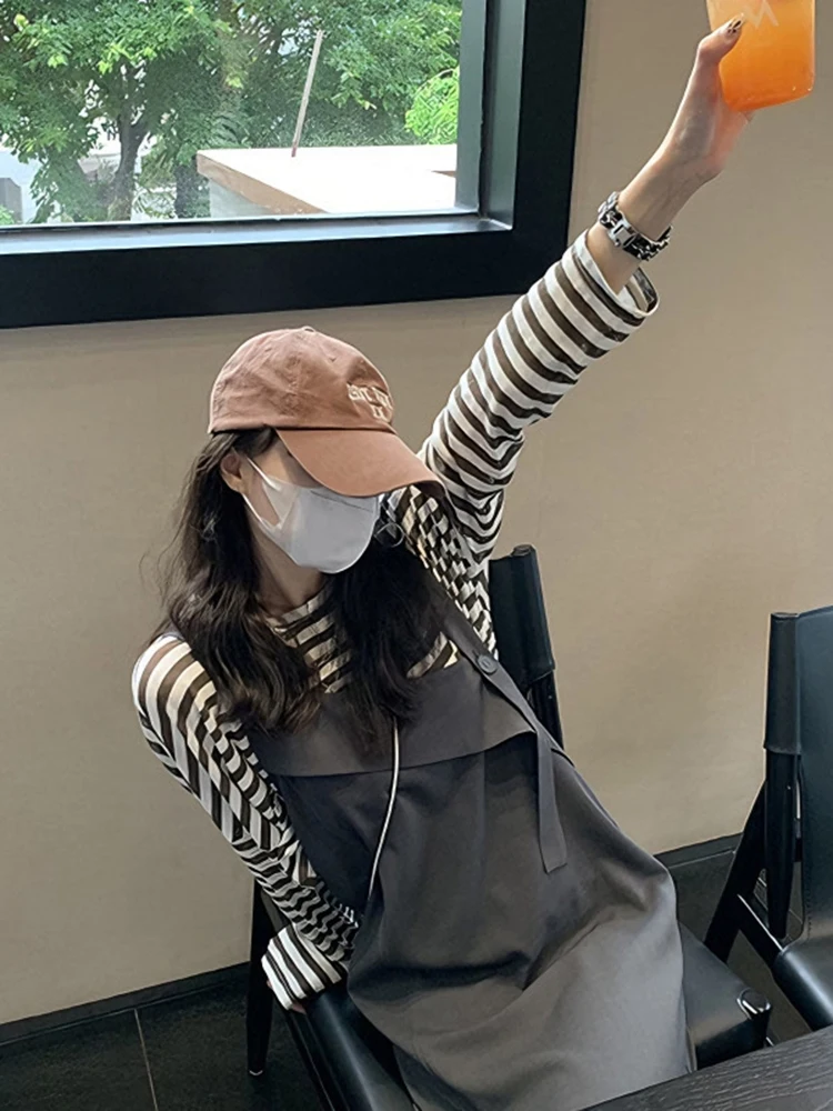 Faionable Striped Long Sve Dr And Overalls Two Piece Set Sweet College Sle High Waist Cotton Polyester mid Length S...