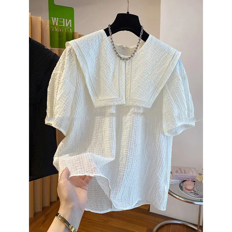 

Summer Design Sense 2026 Summer New European Products Gentle Design Texture Top Loose Thin Large Lapel Puff Sleeve Shirt Women