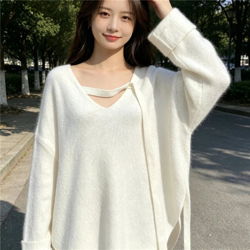 

Ladies Women Spring Autumn Fashion Halter V-Neck Sweater Hairy Mink Cashmere Knitted Long Sleeves Loose Pullover Jumper Pull Top