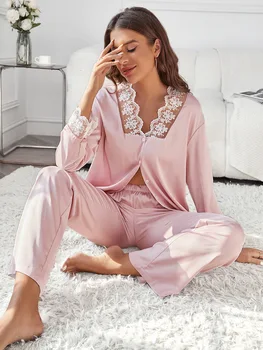 Seksowna koronkowa piżama z dekoltem w serek damska odzież domowa bielizna nocna jedwabna plama 2 szt. Odzież codzienna letnia bielizna nocna koszula i spodnie z długim rękawem