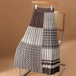 Autumn Winter New Fashion Elastic Waist Printing A-line Skirt Women High Street Casual Loose All-match Mid-length Knitted Skirt
