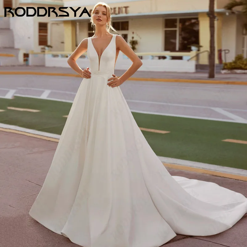 

RODDRSYA Simple Soft Satin Wedding Dresses Elegant V-Neck A-line Bridal Party Sexy Sleeveless Backless vestidos de novia 2024