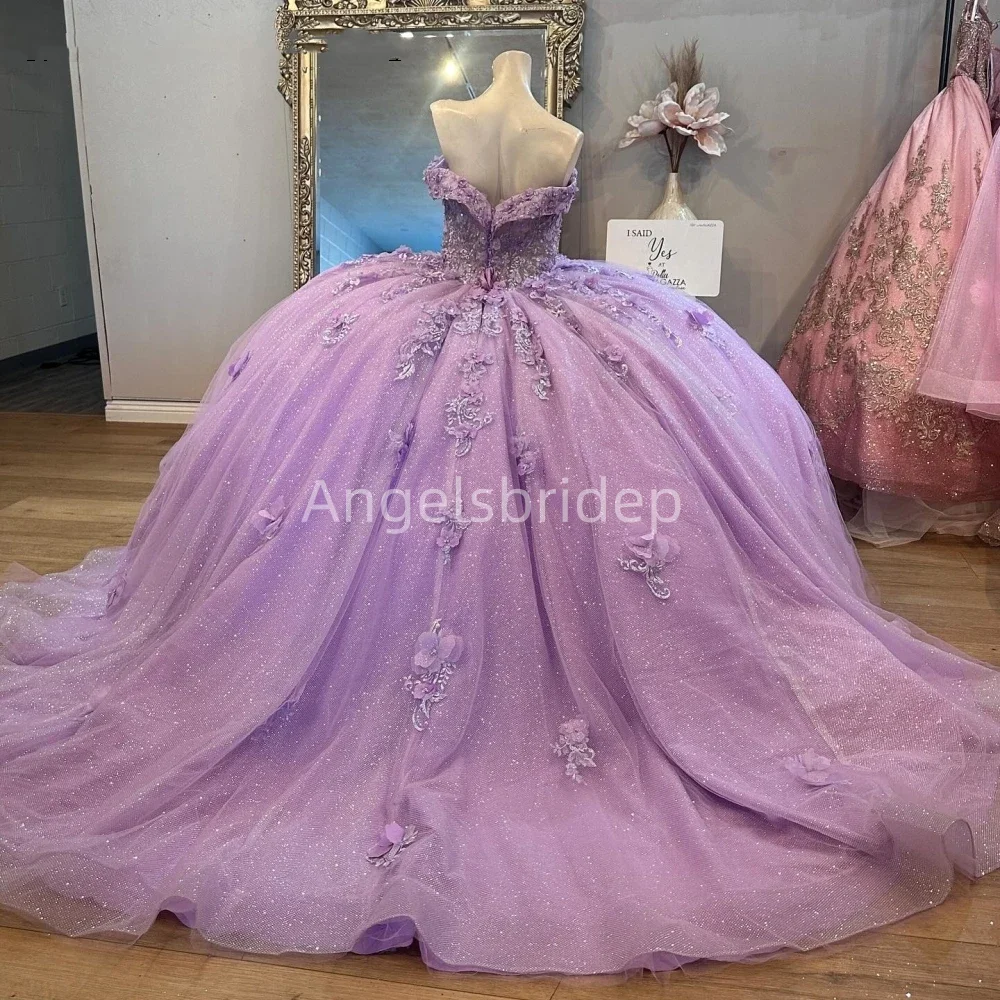 Angelsbride Romantic Lilac Ball Gown Quinceanera Dress With Appliques Beading Crystals Off Shoulder Lace Up Sweet 16 Dress