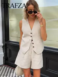 TRAFZA Women Elegant Solid Waistcoat Pant Sets Single Breasted V Neck Vest Top + High Waist Slim Shorts Lady Office Wear Suit