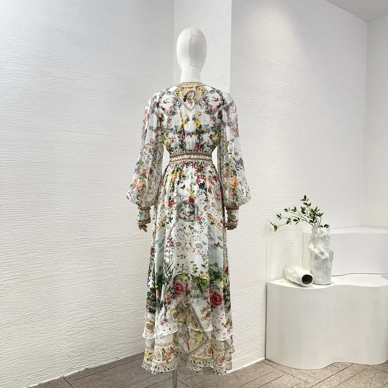 Graceful New Collection high quality silk luxury white floral print long lantern sleeve women midi dress