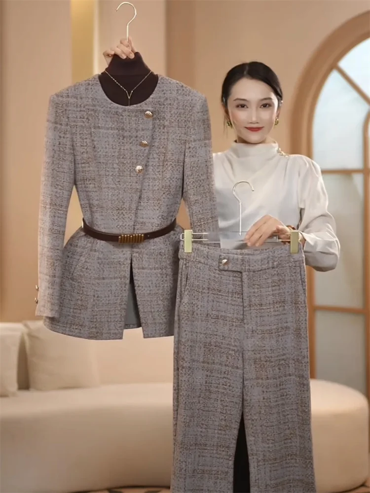 

High Quality Coffee colored Suit Blazer And Wide Leg For Women Winter Wool Coat Autumn Winter Two Piece Sets