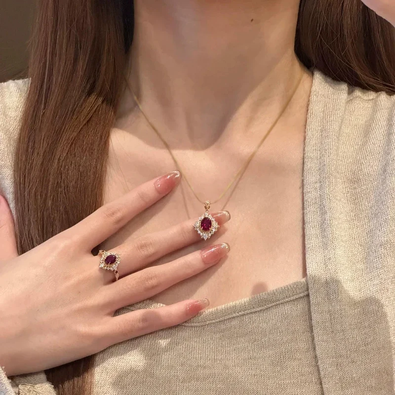 High end Red Crystal Necklace Fashion Collarbone Chain Light Luxury Geometry Ring Shiny Jewelry Set For Women Gift KOFSAC