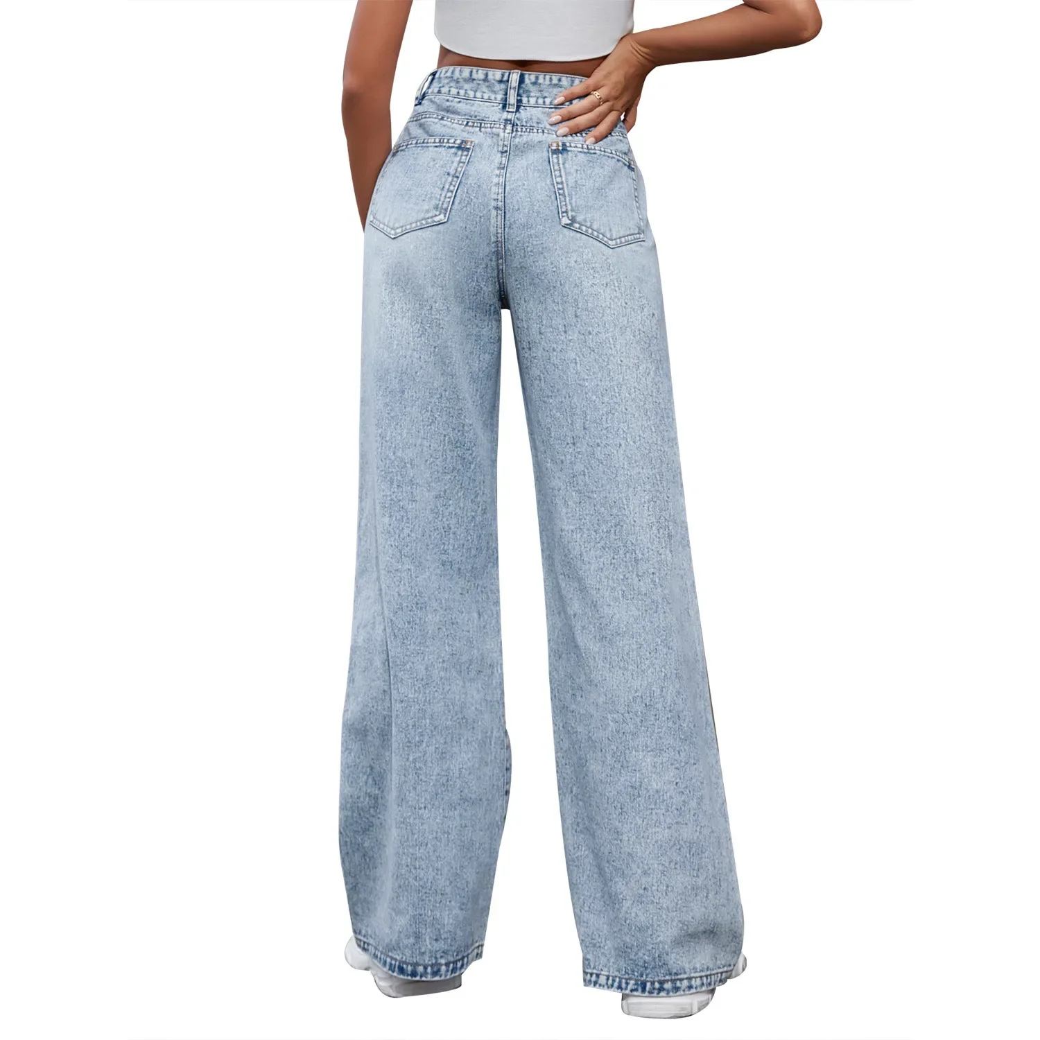 Wide Leg Trousers Women Straight Pants Denim Washing High Waist Loose Fit Pockets Button Basics Solid Color Holes Jeans Casual