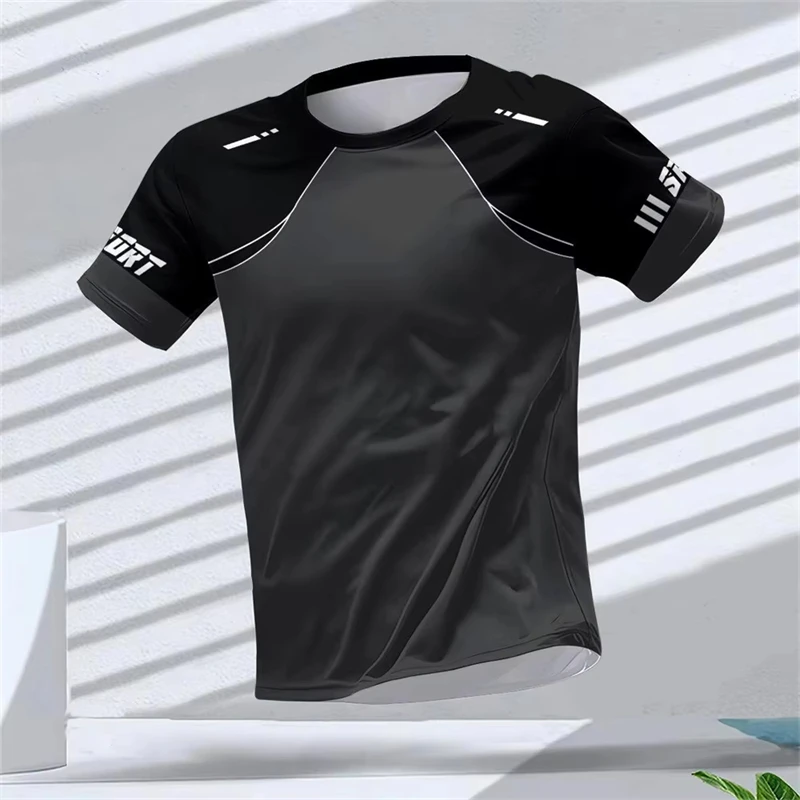 Men Sports Short Sleeve T-Shirt Quick Dry High Elastic Black Spliced Stripe Letter Print Breathable Slim Training Top