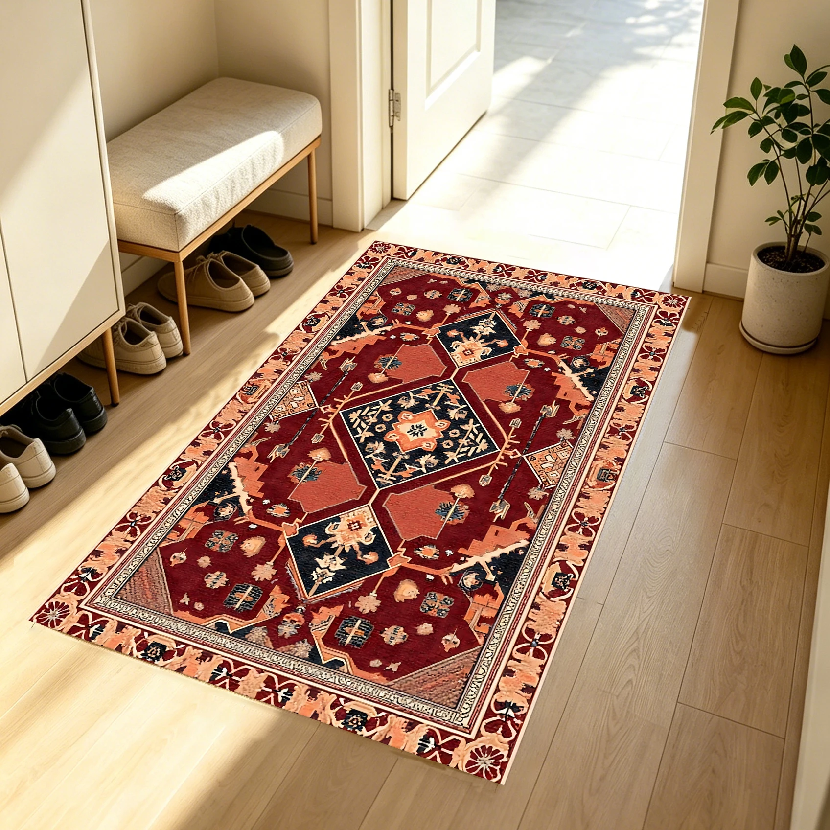 2D Large Rug with Retro Persian Diamond Pattern, Exotic Ethnic Style, Suitable for Living Room and Bedroom, Instantly Refreshes Autumn and Winter Decor