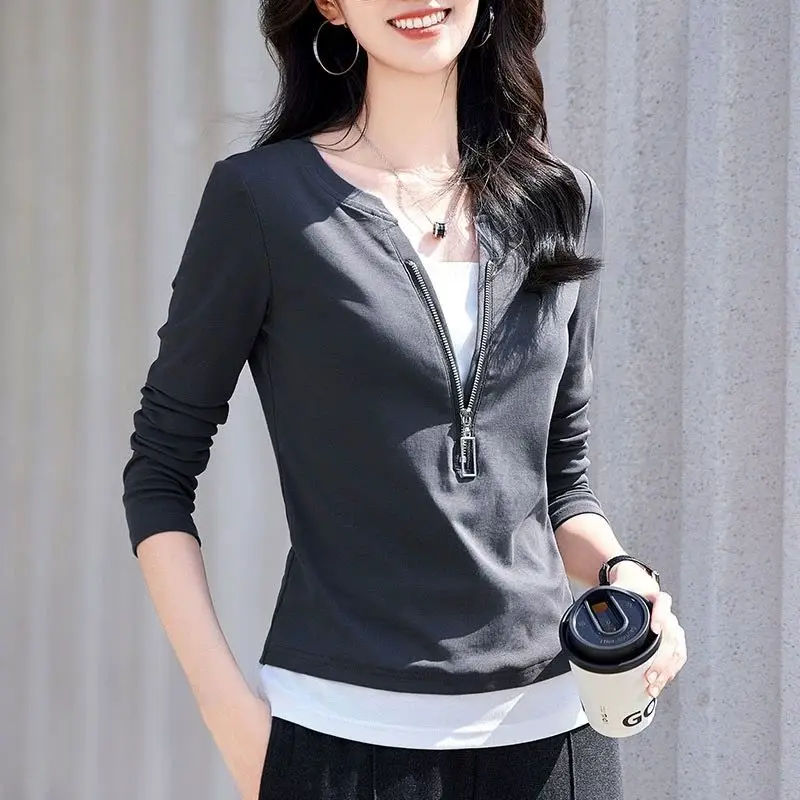 

Женская одежда, футболка из двух предметов на молнии из чистого хлопка для женщин, весна-осень, новый облегающий повседневный темпераментный топ