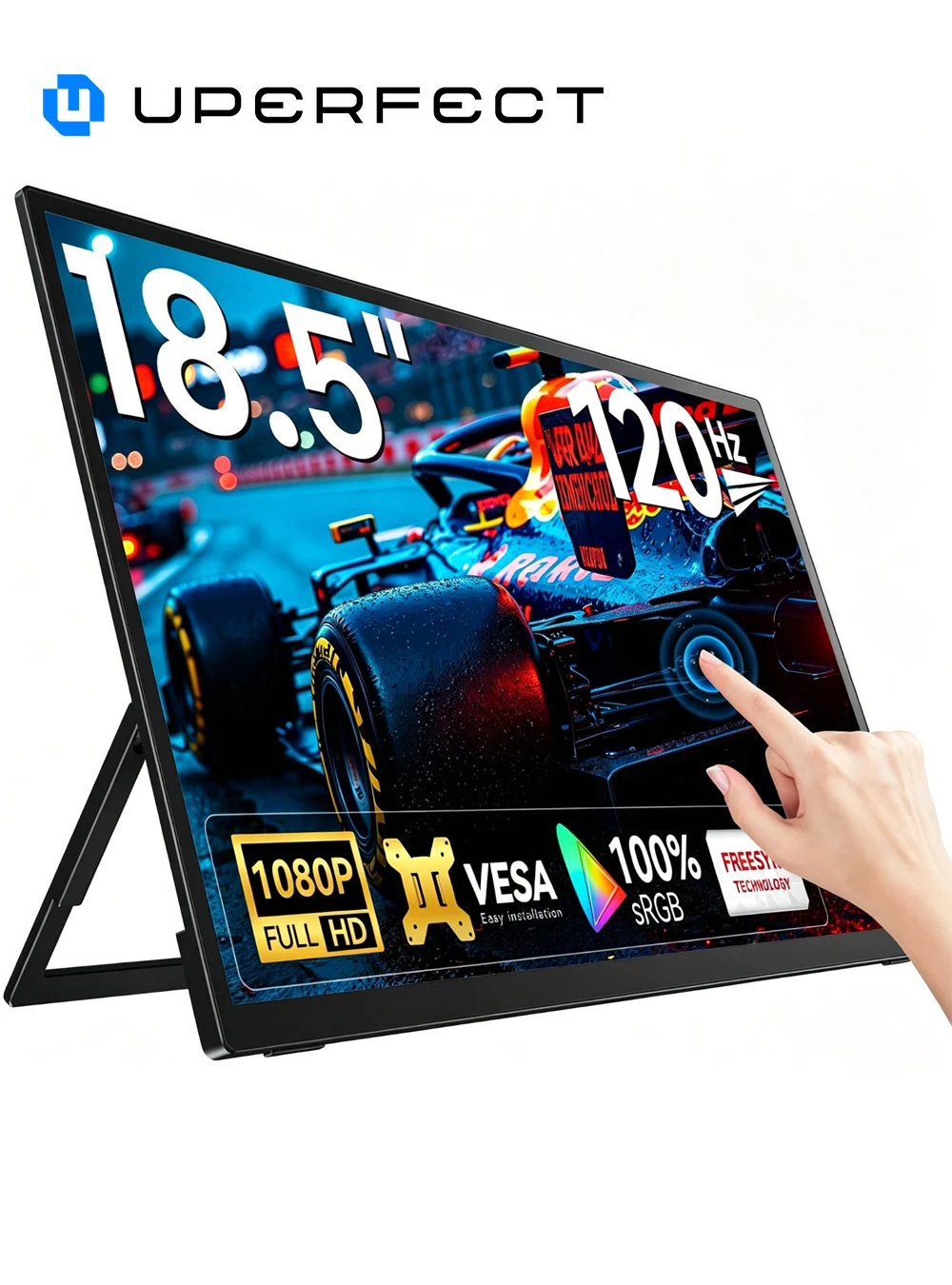 UPERFECT Monitor Portátil con Pantalla Táctil de 18.5" y 120HZ, 100% SRGB, con VESA y Soporte 180 ° Pantalla de Juego FHD IPS HDR Ultrafina