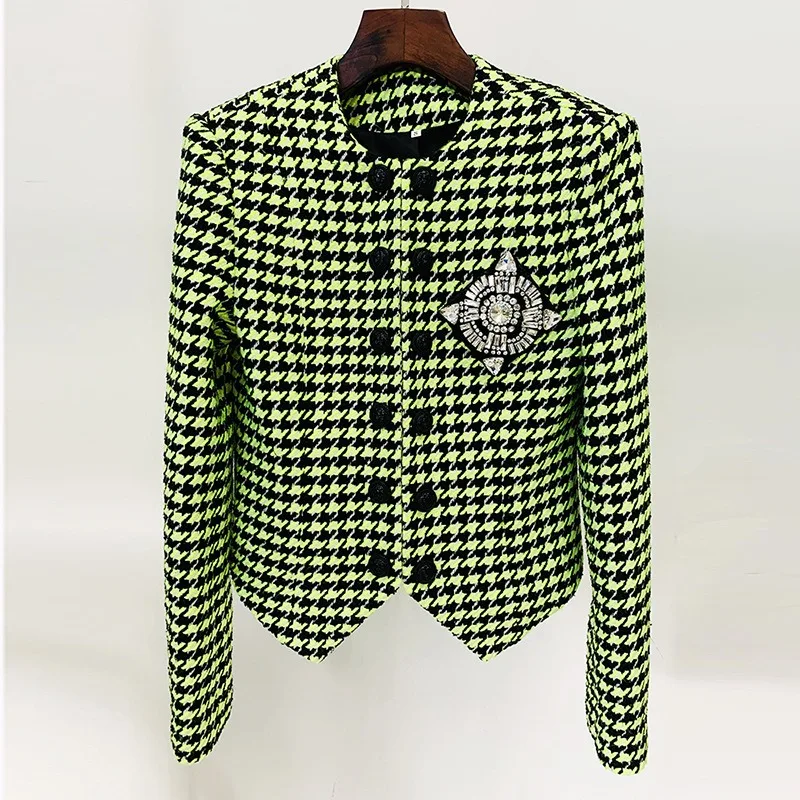 Blouse Jacket Mini Skirt Suit Women's Spring/Autumn Beaded Round Neck Fluorescent Green Houndstooth Casual Leisurely Minimalist