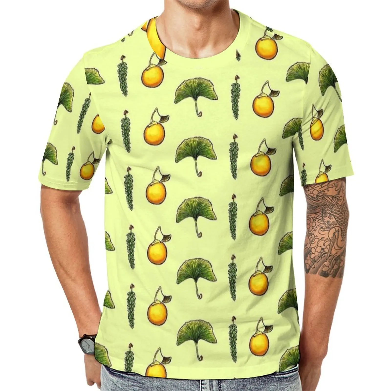 Big Size T-Shirt Beach Fruit Ginkgo Doodle Print T Shirts  Streetwear O-Neck Tee Shirt Men Harajuku Design Tops