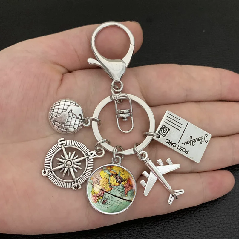 New ideas Earth plane keychain pendant earth compass personality memorial key ring gift for travel lovers