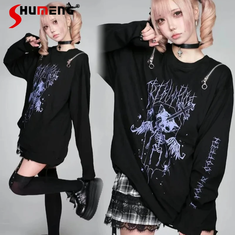 

Japanese Dark Black Long-sleeves Zipper Hole Tees Original Subculture Pure Cotton Hole Printing Loose T-shirt Pullover Shirt